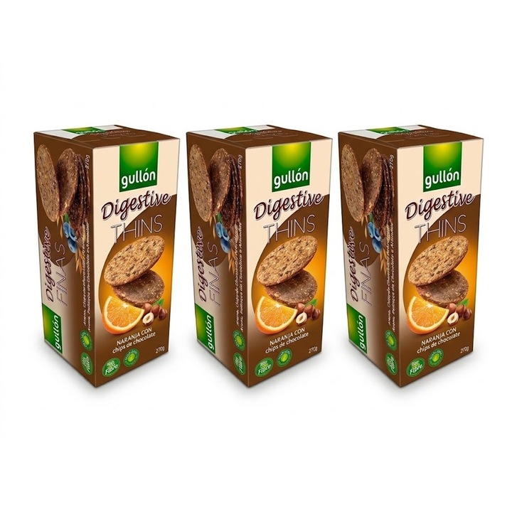 Biscuiți digestivi cu ovăz, Gullon, portocale și chipsuri de ciocolată, set 3 x 280g