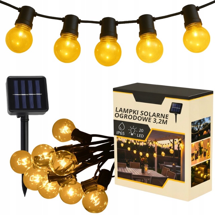 Ghirlanda solara LED 10 globuri 3.2m, iluminare exterioara, IP65, alb cald