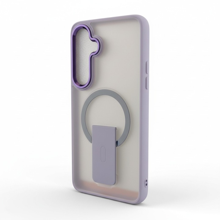 Husa Premium, Icy Frost, pentru Galaxy S24 Fe, suport pliabil, Frosted, Transparent/Mov Deschis