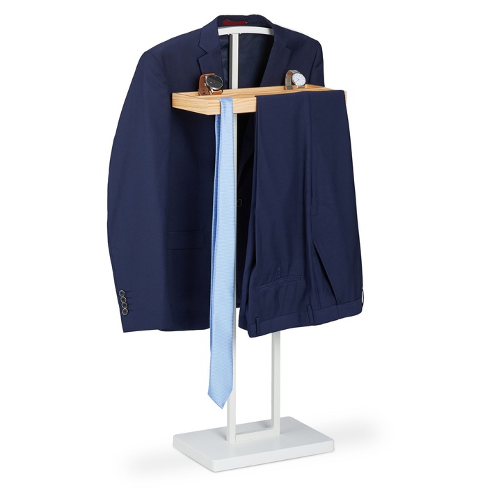 Relaxdays Valet ruhaállvány, kiegészítő tárolótálca, 102 x 46 x 24 cm, fém/MDF, fehér/barna