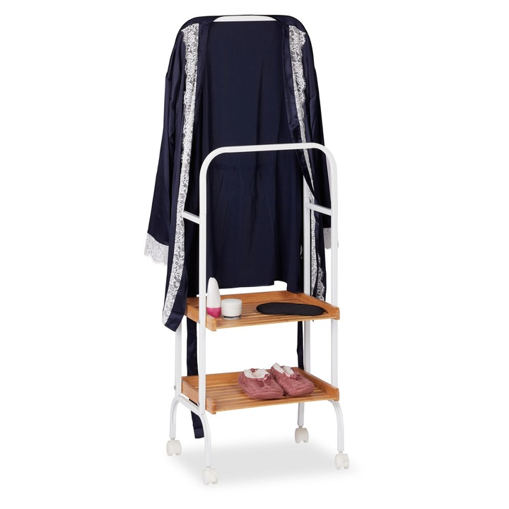 Relaxdays Valet ruhatartó állvány, 2 polccal, kerekekkel, előszobába/hálószobába/fürdőszobába, 129 x 42 x 32 cm, fém/bambusz, fehér/barna