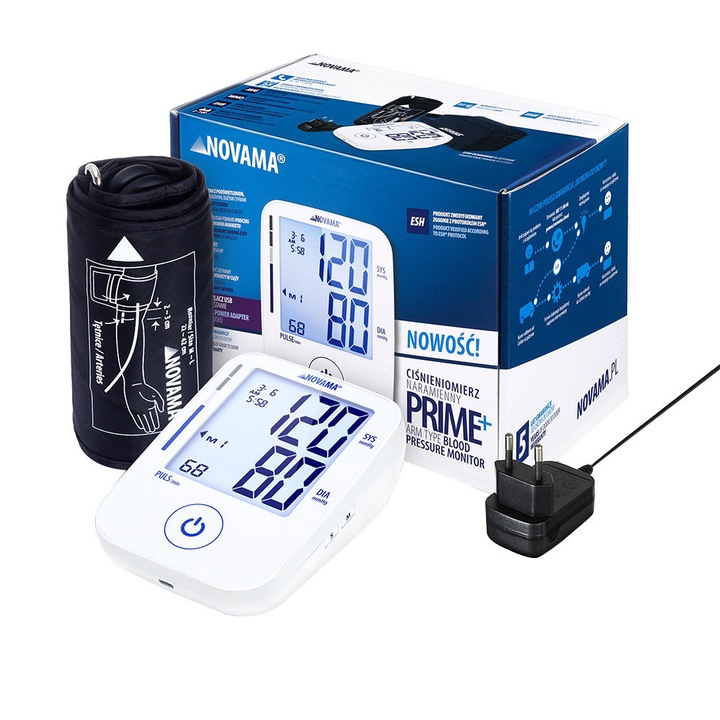 Електронен апарат за кръвно налягане за ръка Novama Prime+ White, Измерване по време на надуване на маншета, Откриване на аритмия, Памет 2 x 100 измервания, Регулируем маншет 22 - 42 cm