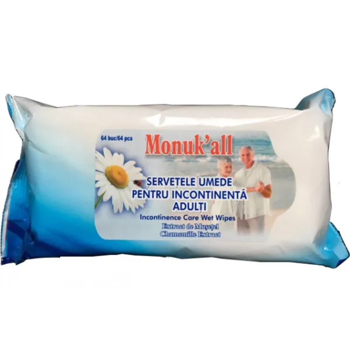 Servetele umede pentru incontinenta cu extract de musetel, 64 buc/set, Monuk All