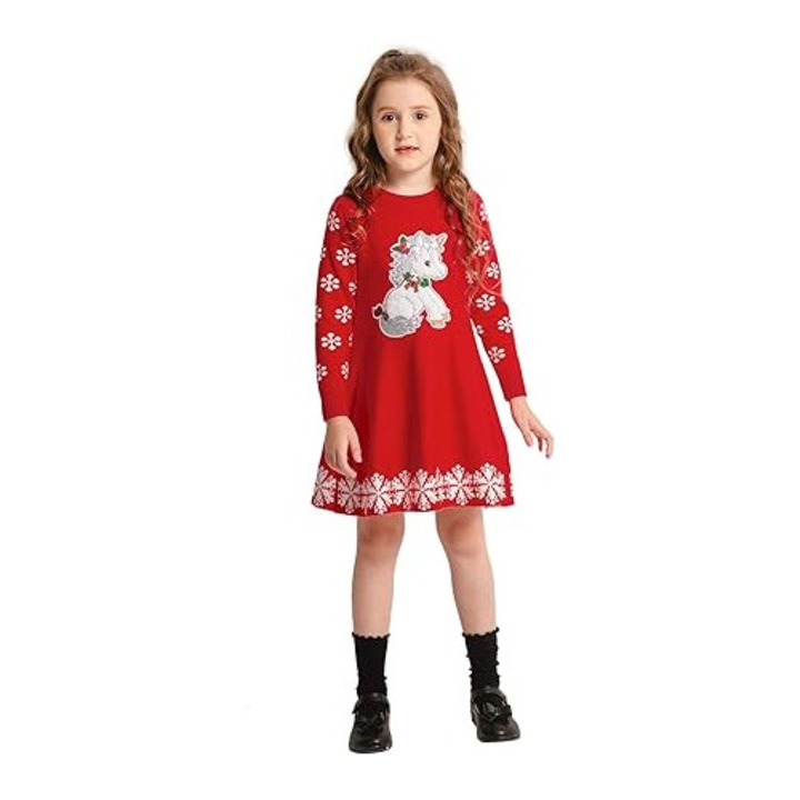 Rochie pulover de iarna pentru fete cu unicorn – maneca lunga, rosu, marimea 134