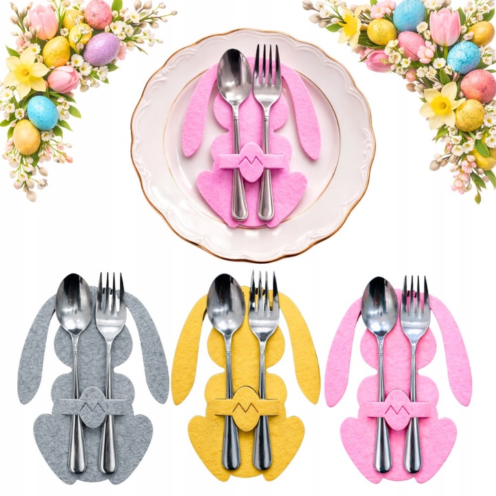 Set 12 suport pentru tacamuri in forma de iepuras, decorare masa, pastelat, 15x11cm