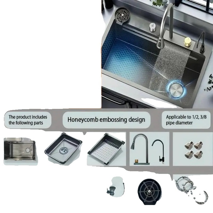 Chiuveta bucatarie inox, robinet retractabil, 60x45cm, design dreptunghiular