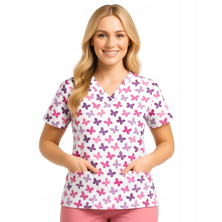 Bluza medicala, model fluturi, alb cu roz si violet, confortabila, din poliester si spandex, 2XL