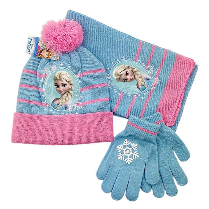 Set trei piese caciula, fular si manusi pentru fete cu motiv Frozen Elsa, roz si albastru deschis, 52-54 cm