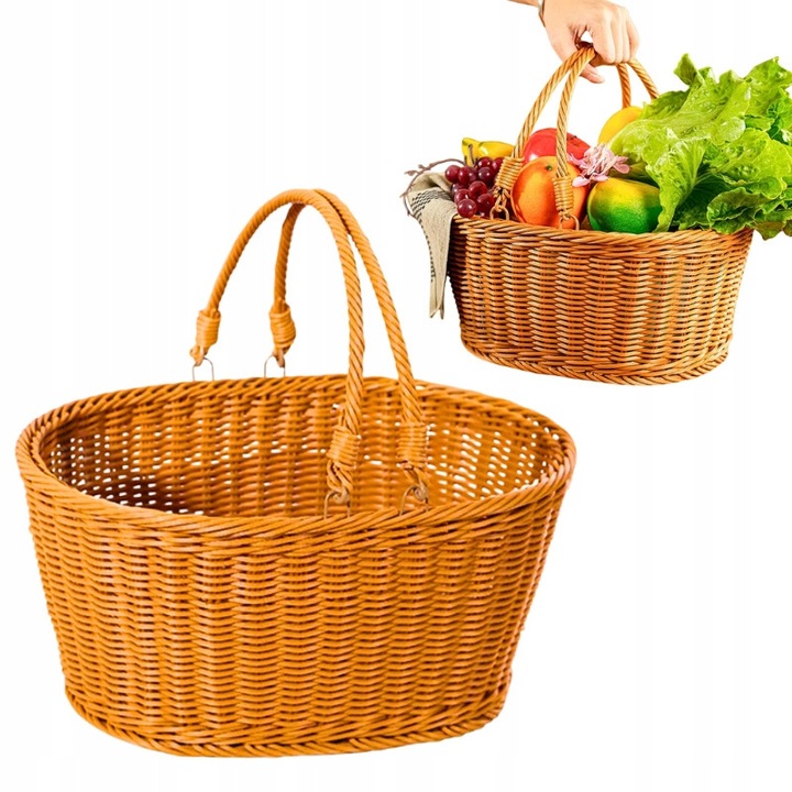 Cos rattan cu manere, dimensiuni 25x15,5x16cm, nuante de brun, set pentru picnic si cumparaturi