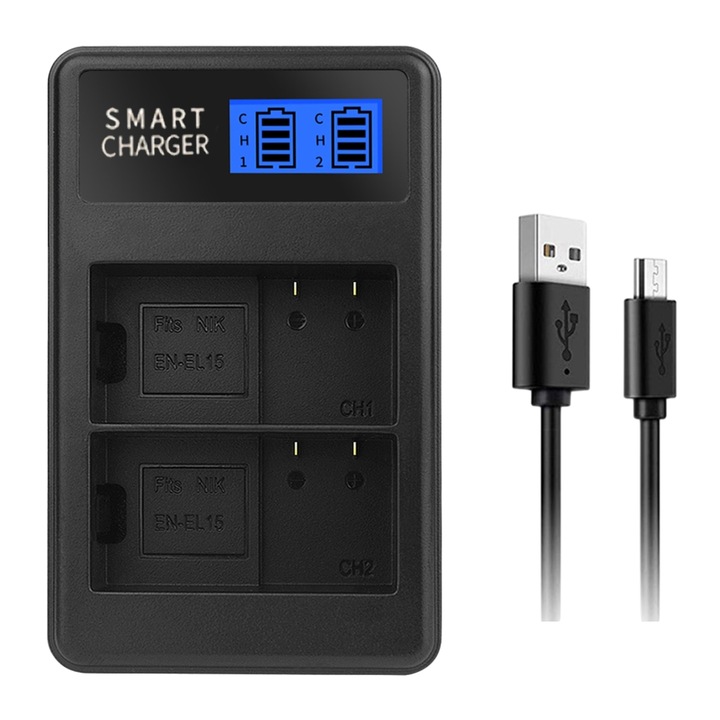 Incarcator dual canal LCD USB pentru baterii EN-EL15, set, portabil, 85mm, negru