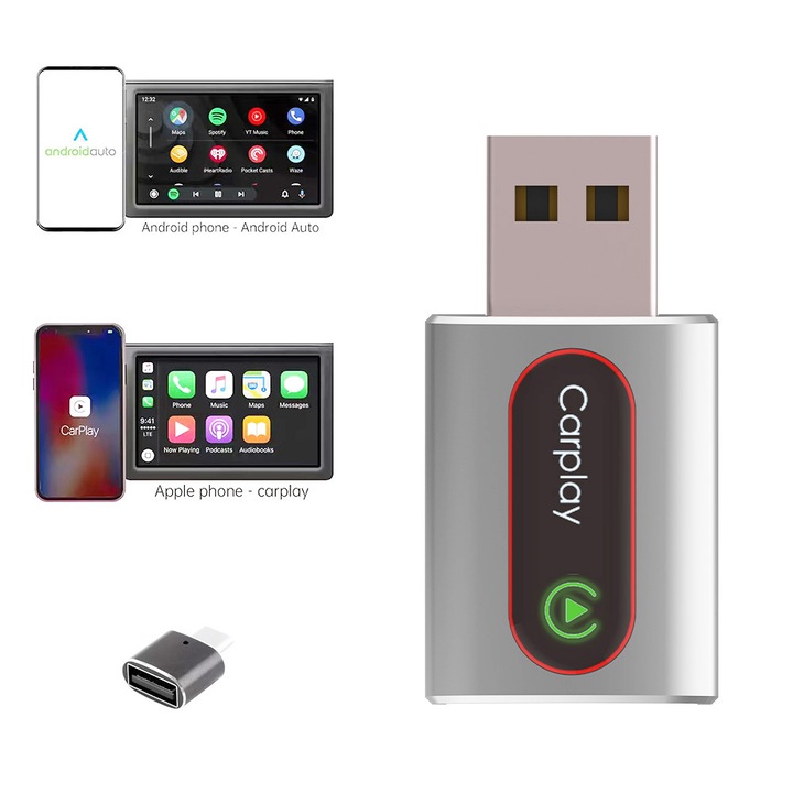 Adaptor wireless CarPlay, 2 in 1, conexiune rapida, apeluri hands-free, USB