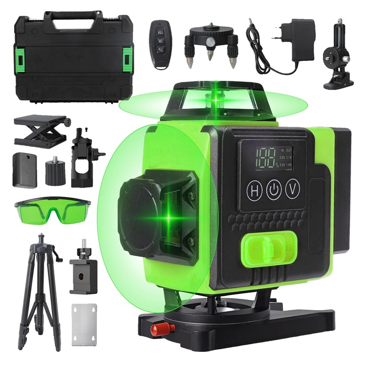 Lézeres szintező, 16 vonal, távirányító, zöld készlet, 4 lézer, pontosság +/-0.3mm/m
