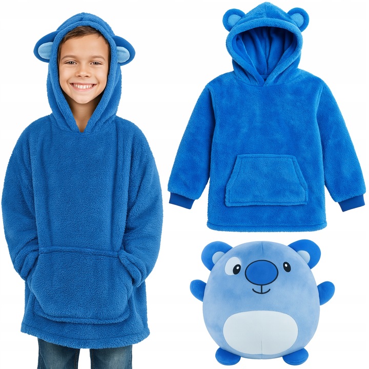 Patura-bluza copii 2 in 1, Albastru, 78x50 cm, Cu gluga si functie de pernuta