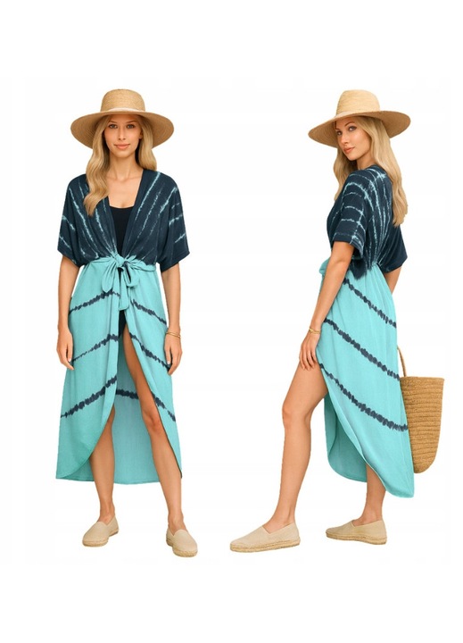 Rochie plaja lunga kimono tie-dye turcoaz si negru, marime universala