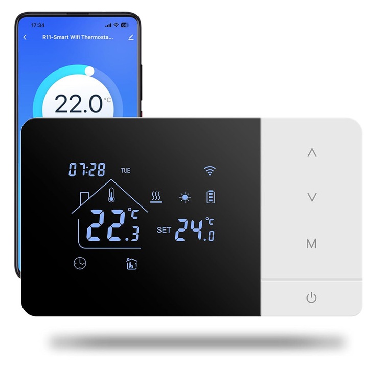 Termostat wireless Duueyct pentru centrala gaz, programabil zilnic, control WiFi, alb, montaj pe suprafata