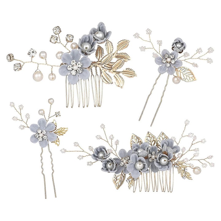 Set de 4 accesorii de par pentru nunta, piepteni laterali cu cristale, aurie roz, design romantic