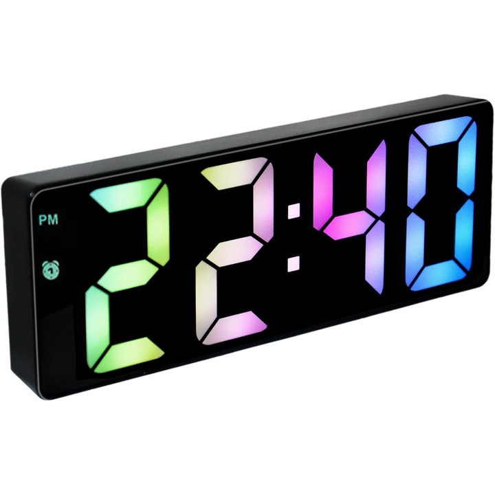 Ceas desteptator digital cu display LED mare, functie snooze, mod de economisire a energiei, multicolor, 6.3"x0.7~1"x2.36"