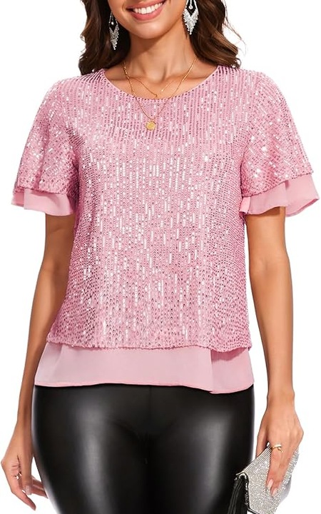 Bluza eleganta lejera pentru femei, maneci scurte, decolteu rotund, Roz cu paiete S