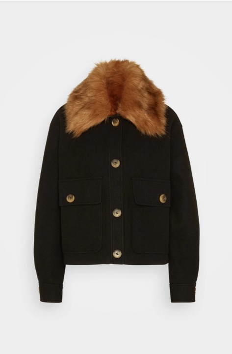 Geacă femei Only, elegantă, neagră, cu guler din blană artificială maro, mărime M