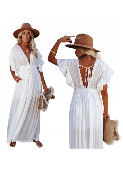 Rochie de plaja lunga alba boho cu decolteu adanc si volane, set, 130x58cm