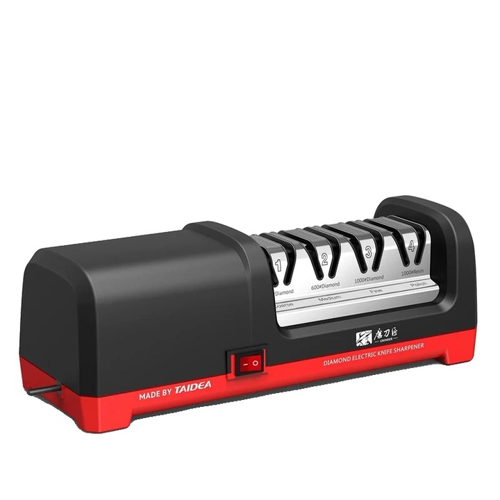 Késélező, 4 fokozatú élezés, kompakt kialakítás, fekete, EU csatlakozó