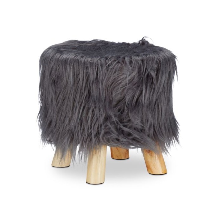 Taburet din blana artificiala Relaxdays, 31 x 31 cm, picioare din lemn de pin, Gri
