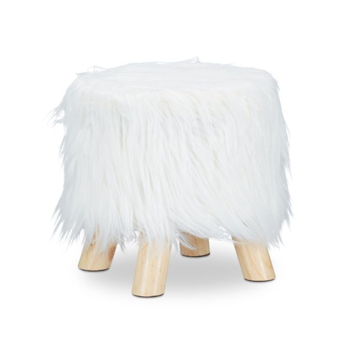 Taburet din blana artificiala Relaxdays, 31 x 31 cm, picioare din lemn de pin, Alb