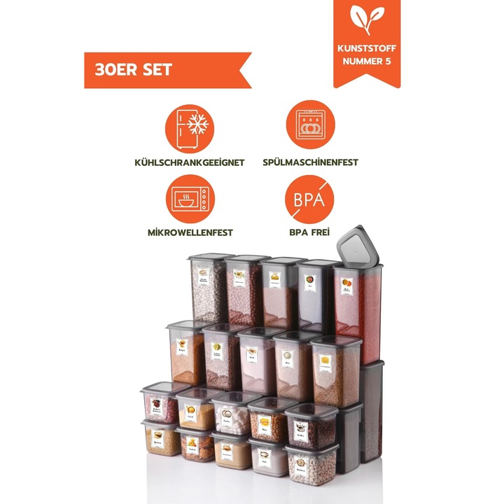 Set cutii de depozitare 30 piese, Mira Home, antacit, plastic, 1750ml, 1200ml, 500ml