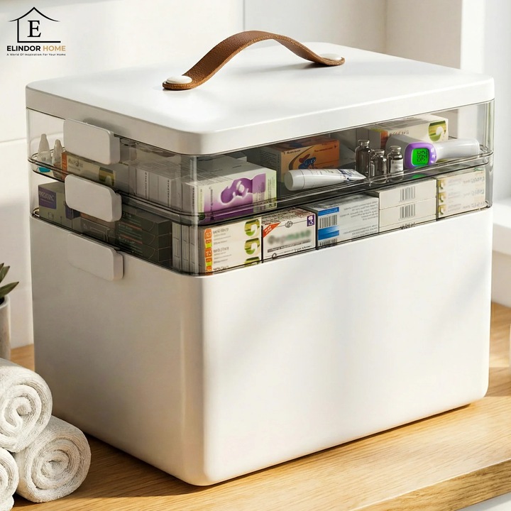Кутия за лекарства Elindor® с 3 отделения, кутии за съхранение, с капак и дръжка за носене, за чекмедже, шкаф за баня, спалня, за хапчета, мехлеми и медицински аксесоари, 25.5 × 22 × 34 см, бяла