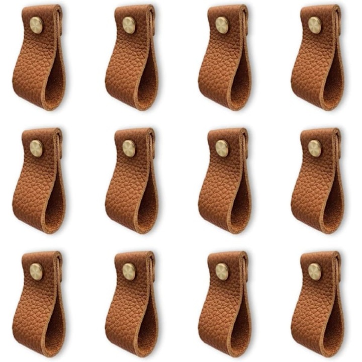 Set de 12 manere din piele pentru mobila, maro, cu suruburi, design elegant, feronerie pentru usi