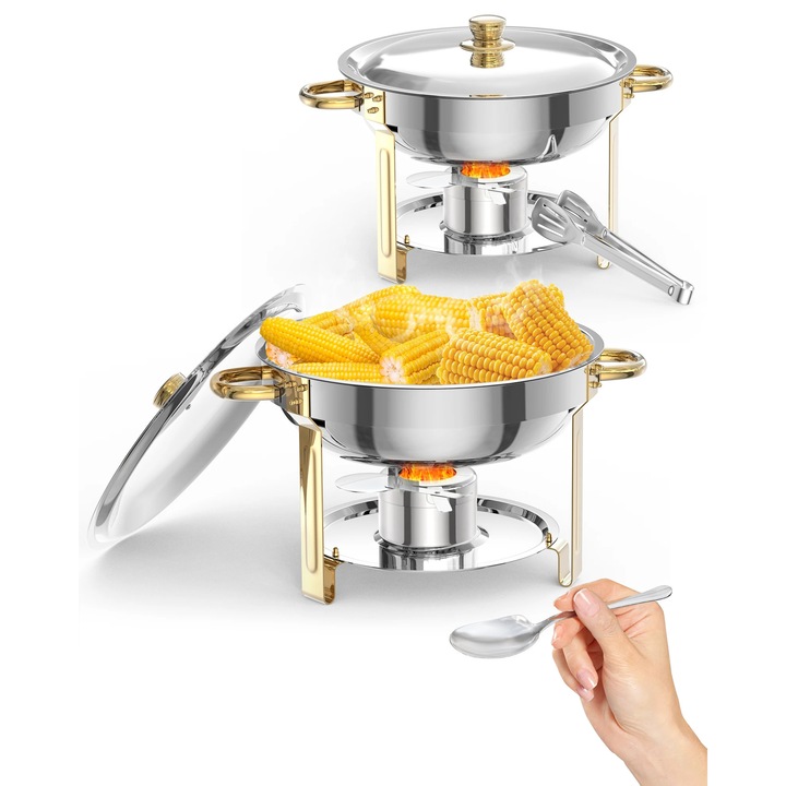 Chafing Dish Нагревател за бюфет, Кръгъл 5 л, Неръждаема стомана, С капак, Лъжица и Щипка, Комплект от 2