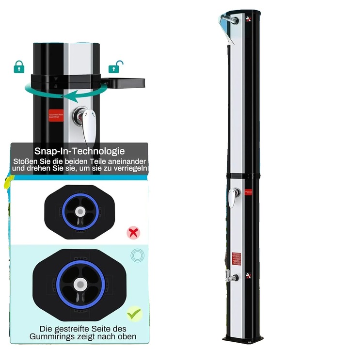 Dus solar exterior, capacitate 60L, cap de dus rotativ 360, negru si argintiu, 228cm