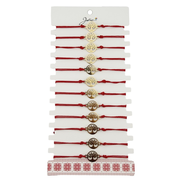 Bratara Martisor pentru Dama, Jolie, Model Copacul Vietii, Set 12 bucati, Pandativ Auriu din Inox cu Snur Rosu Ajustabil