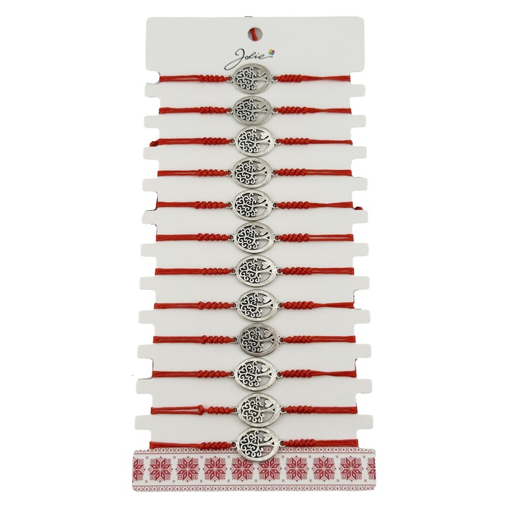 Bratara Martisor pentru Dama, Jolie, Model Copac Rotund, Set 12 bucati, Pandativ Argintiu din Inox cu Snur Rosu Ajustabil