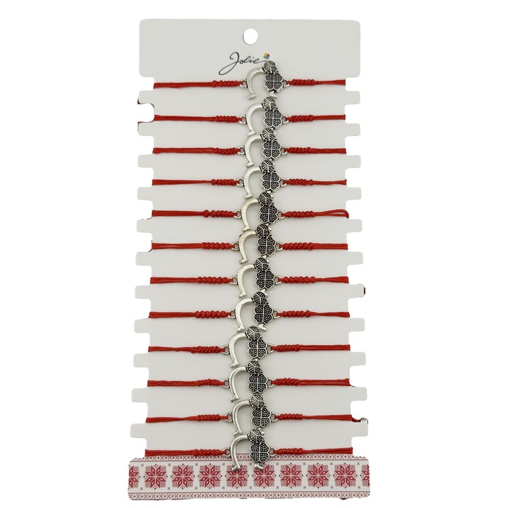 Bratara Martisor pentru Dama, Jolie, Model Potcoava cu Trifoi, Set 12 bucati, Pandativ Argintiu din Inox cu Snur Rosu Ajustabil