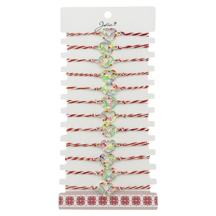 Bratara Martisor pentru Dama, Jolie, Model Fluturas in Inima, Set 12 bucati, Pandativ Argintiu din Inox cu Elemente Multicolore, Snur Alb/Rosu