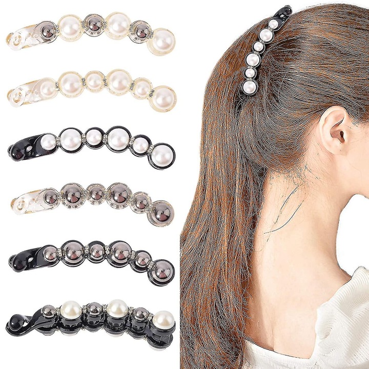 Set 6 Clips de Par Tip Banane cu Perle, Multicolor, 10.4x3.5cm