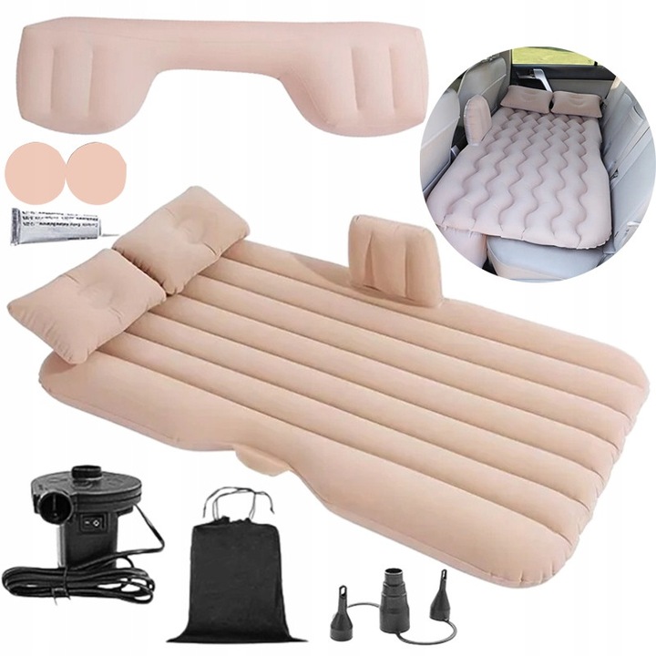 Saltea camping, 130x70cm, bej, set cu pompa electrica 12V si 2 perne