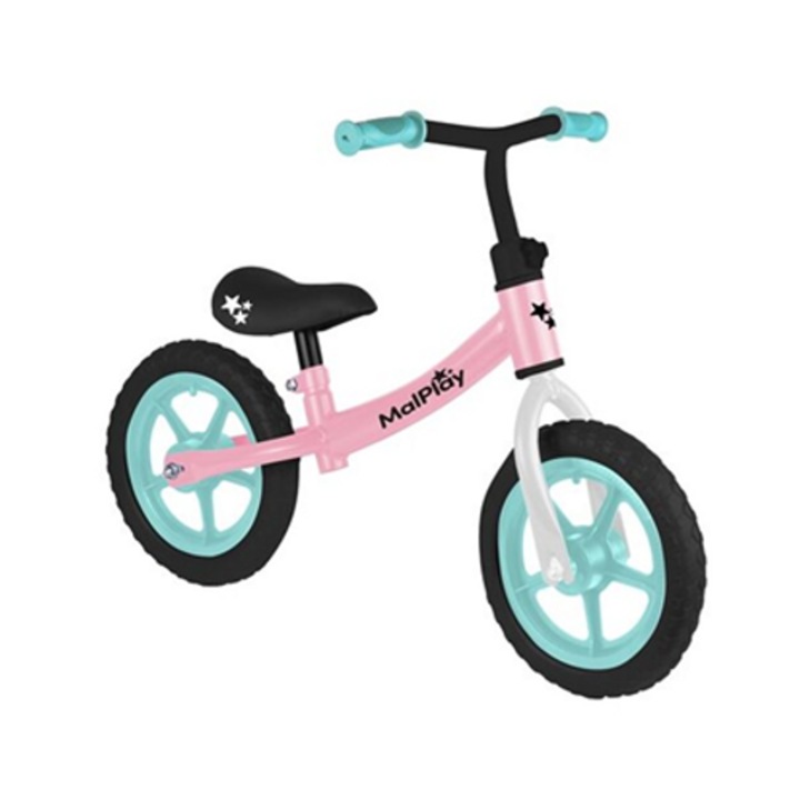 MalPlay futóbicikli, állítható nyereggel és kormánnyal, 80-108 cm, 35 Kg, teherbírással, rózsaszín menta és fehér