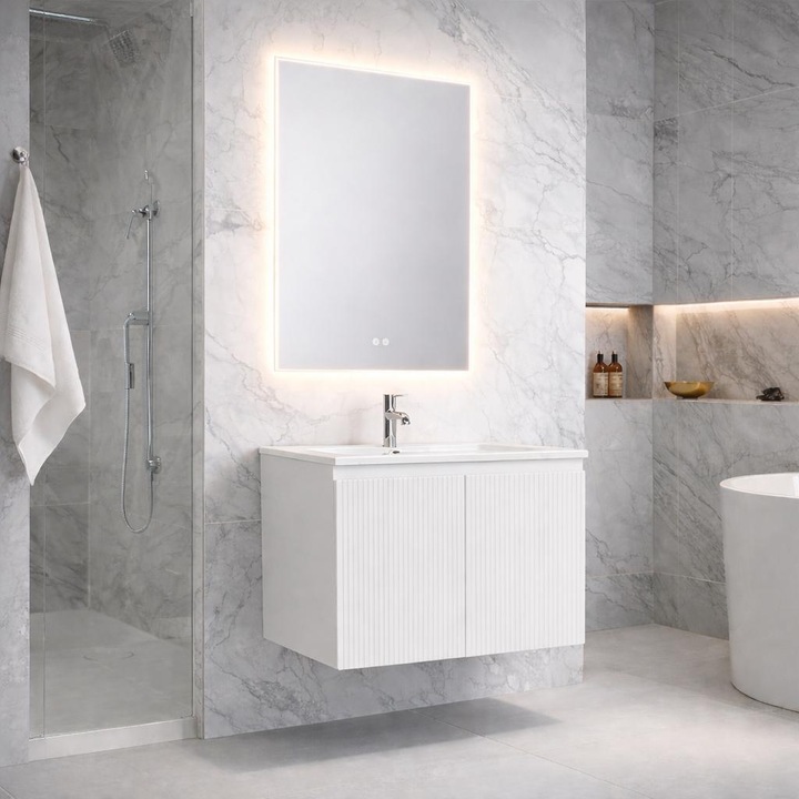 Set mobilier baie RADINAVICO, suspendat, PVC, 60x47x50 cm, lavoar inclus, cu oglinda LED 80x60 cm, 3 tipuri de lumina, functie dezaburire, alb lucios