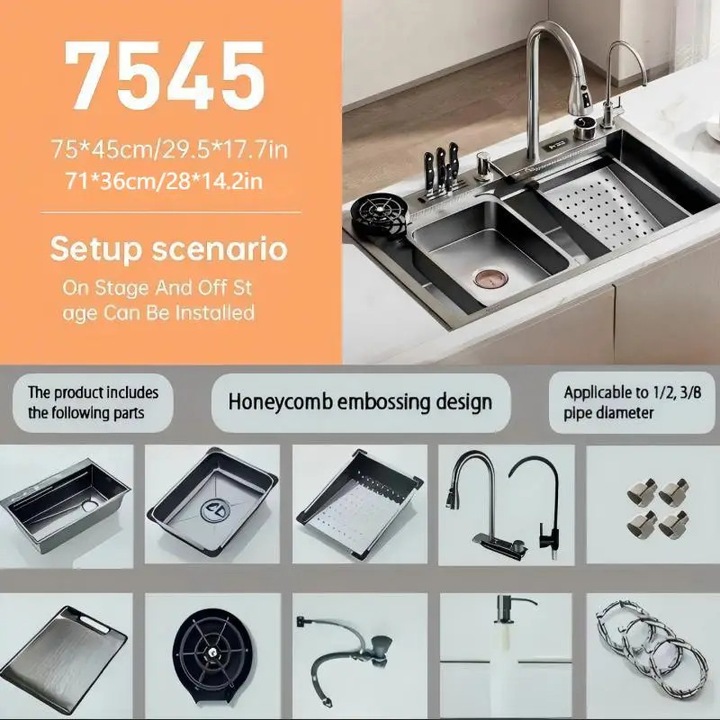 Chiuveta bucatarie, inox, robinet retractabil, suport pentru cutite 75x45, 78.50x48.80cm