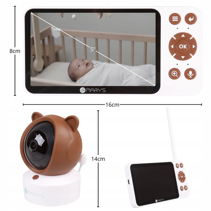 Monitor video bebelusi Mary S, 2-in-1, vedere nocturna, comunicare bidirectionala, maro, alimentare USB-C