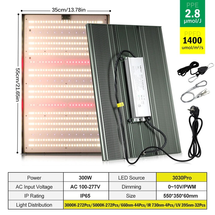 LED лампа за отглеждане на растения, 300W SMD303ORrO, Регулируема с потенциометър, 85–265V AC, Алуминиев корпус, EU щепсел, Синя светлина