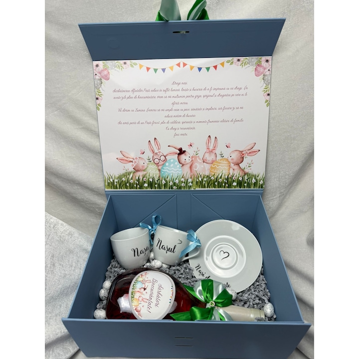 Set cadou de Paste pentru nasi – cutie cadou personalizata cu mesaj, sticla decorata, cesti „Nasul si Nasa” cu farfurioare – cadou elegant pentru Nasii de Paste