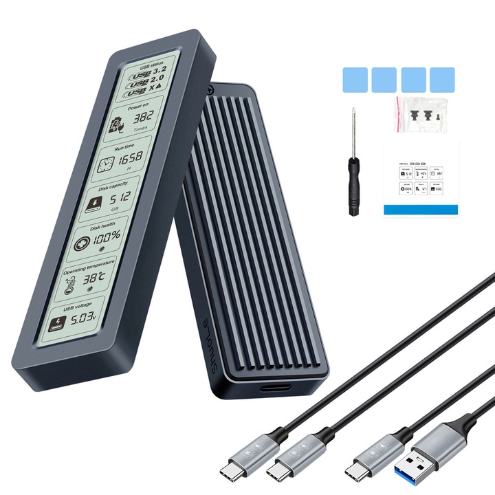 Rack extern SSD M.2 NVMe, AFKSMILE, Carcasa Rack Externa SSD, Compatibila NVMe, Capacitate pana la 4TB, Viteza 10Gbps, Cu Display Smart, USB 3.2 Gen 2, Plug-and-play, Aliaj de aluminiu/ABS, 110x34x12mm, Negru