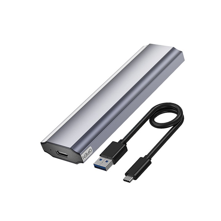 Външен SSD M.2 NVMe/NGFF корпус, AFKSMILE, Външен M.2 SSD корпус, SSD корпус, 10 Gbps, С USB/Type-C кабели, USB 3.1 Gen2, Преносим, Plug and play, За 2230/2242/2260/2280 M.2 NVMe/NGFF SSD, Алуминий, Сребърен