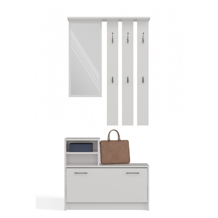 Cuier cu oglinda si dulap pentru incaltaminte, Topeshop, alb mat, 6 agatatori, 85x24x180cm