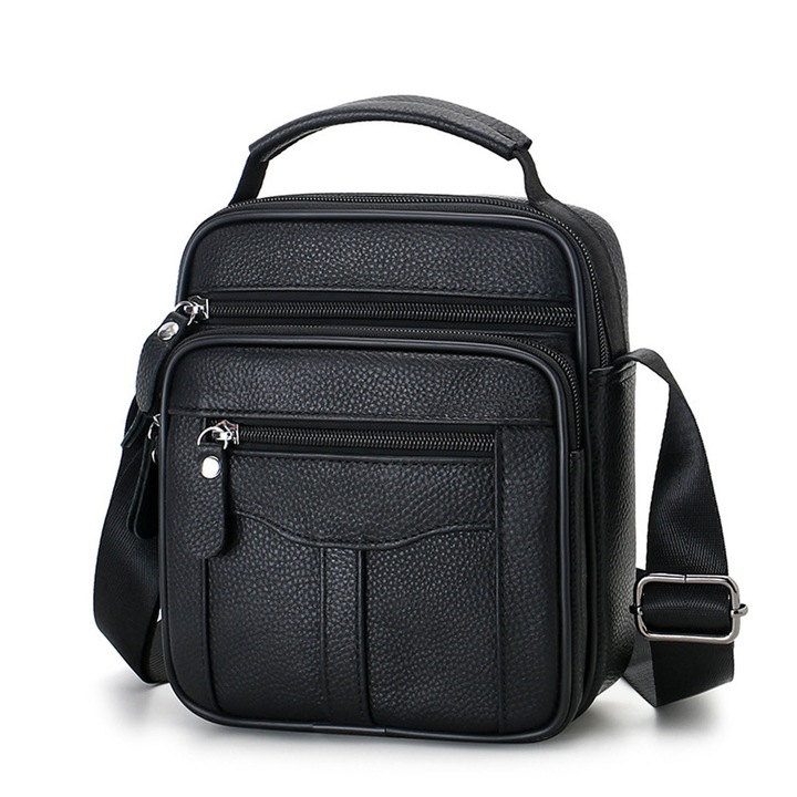 Váll- és kézitáska, asskanaer, Férfi valódi bőr válltáska, Lopásgátló zseb, Állítható pántok, 4 rekesz, Vízálló, Kézi, váll- vagy övtáska, Utazáshoz, munkához és üzleti célra alkalmas, 17*8*20 cm, Fekete