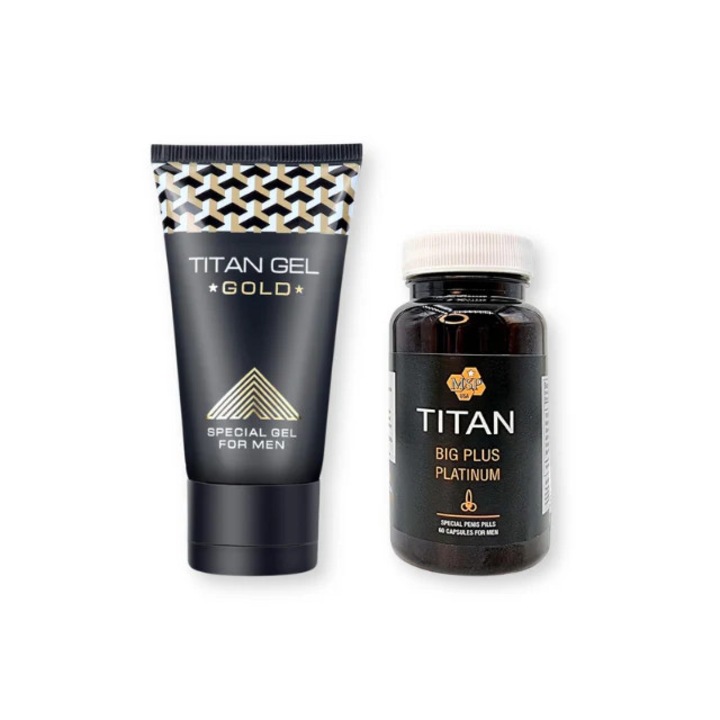 Pachet pentru barbati: Gel Titan Gold, 50 ml si 60 Capsule Titan Big Plus Platinum, dimensiuni impresionante, erectii spectaculoase si experiente intime memorabile, 100% natural