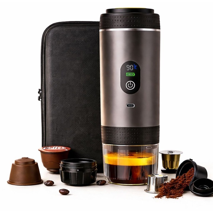 Espressor Portabil VETALUX® 20 Bari, Compatibil Capsule & Cafea Macinata, Fara Electricitate, 2500mAh, 80ml, Geanta Protectie Inclusa, Ideal Camping, Masina, Birou